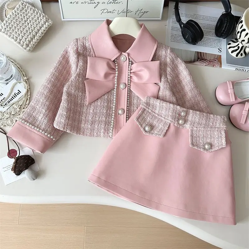 

Autumn Kids Girl 2 Piece Clothing Cotton Bow Pearls Button Turn Down Collar Coat Spliced A-line Skirt Outfit Children Girls Suit