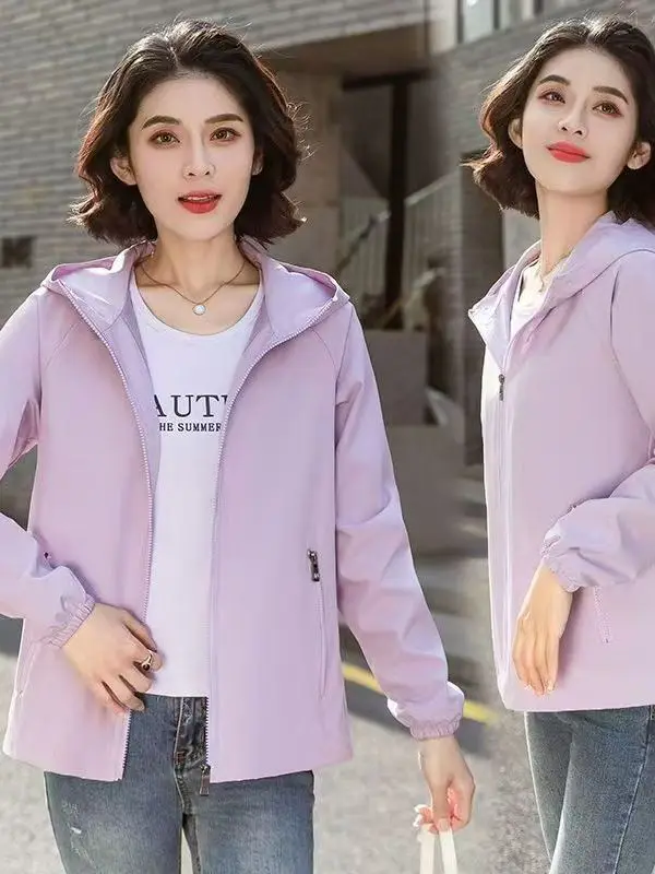 Casaco Feminino Solto e Fashionável de Primavera e Outono, Jaqueta Fina de Duas Camadas com Capuz, Impermeável, em Poliéster e Nylon