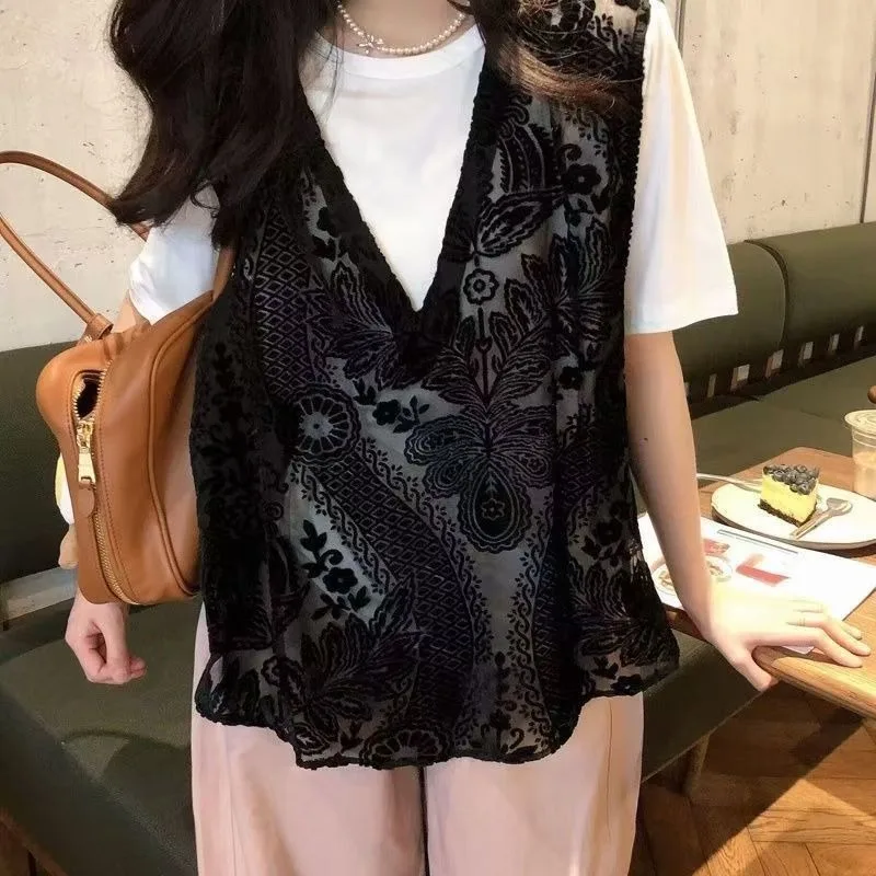 

2026 Ropa Mujer Jacquard Lace Flocking Vests Women's Clothing V-neck Sleeveless Loose Tees Hollow Out See Through Summer Tanks