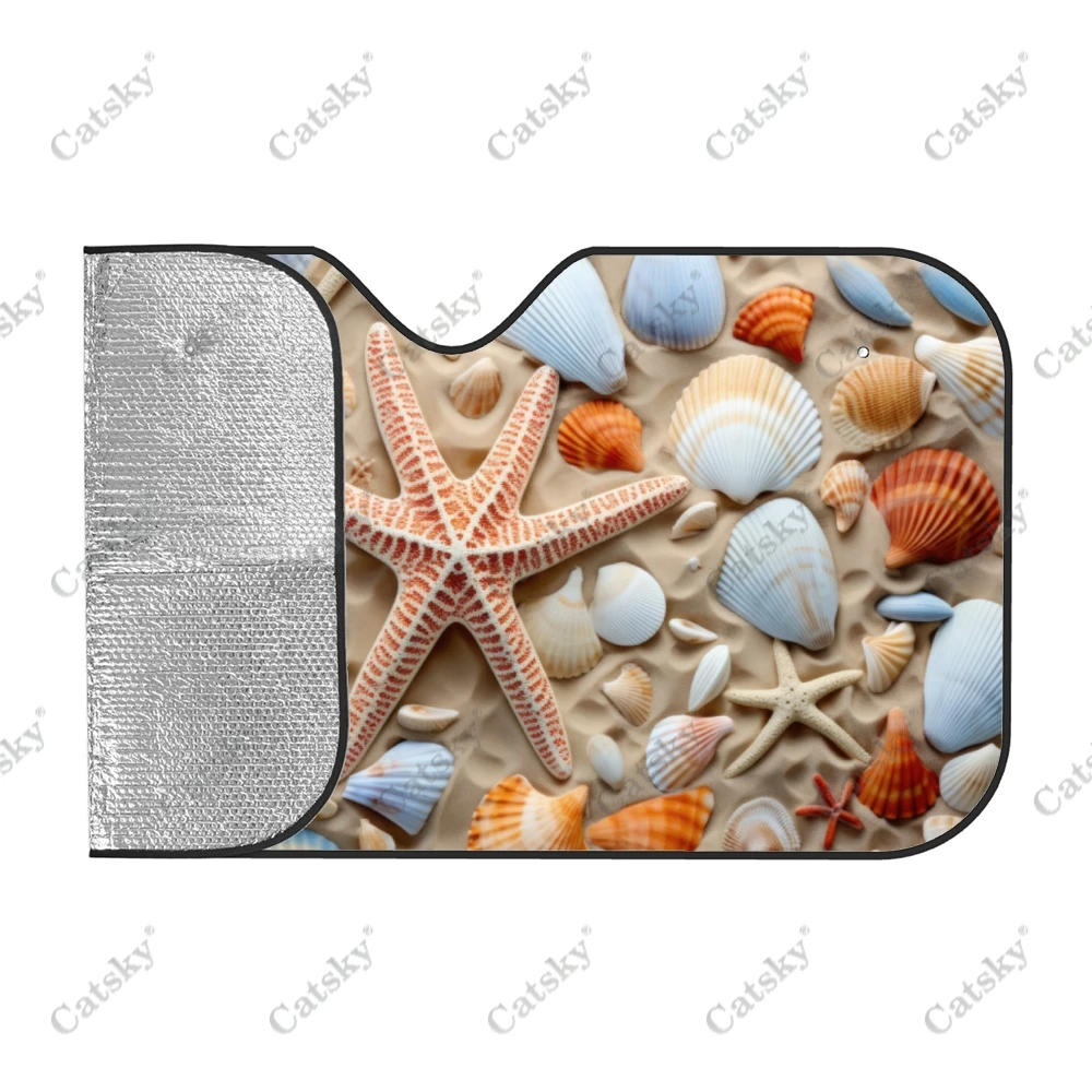 Scene With Seashells Starfish Car Windshield Sunshade, Front Auto Car Windshield Sun Shade Blocks Uv Rays Sun Visor Protector