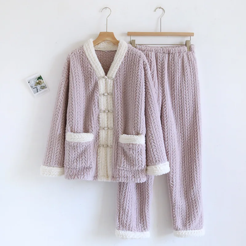 Autumn Winter Vintage Coral Fleece Pajamas Women Thickened Flannel Warm Home Clothes Set Solid Color Long Sleeved Pants Set