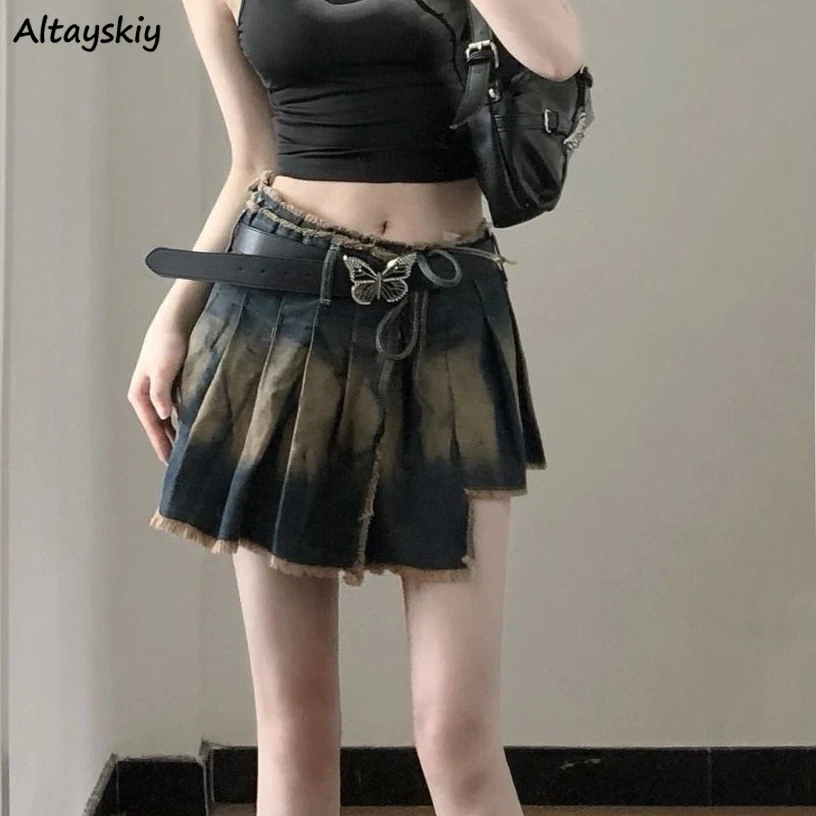 

Юбка-трапеция в стиле ретро для женщин, ассиметричная цельнокроеная плиссированная джинсовая мини-юбка с меховой подкладкой, уличная одежда для девушек, на лето