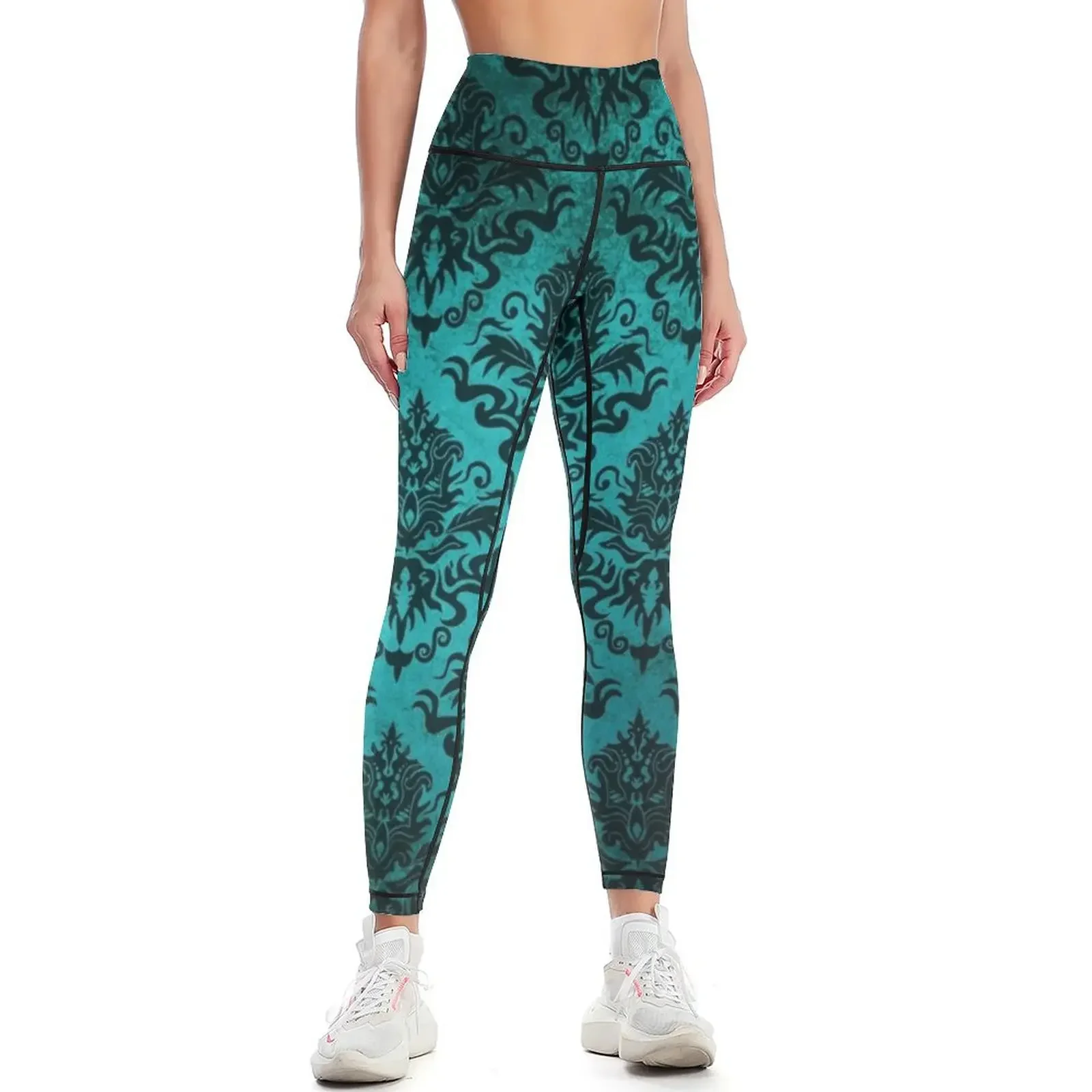 

Teal Damask Leggings sporty woman push up Women's sportswear fitness set gym workout shorts Womens Leggings