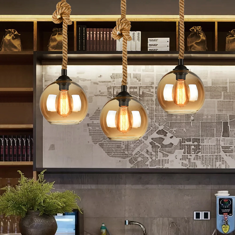 

Винтажный стеклянный подвесной светильник из пеньковой веревки, промышленный ретро-лофт, подвесной светильник для спальни, гостиной, домашнего декора, светильник, люстра E27