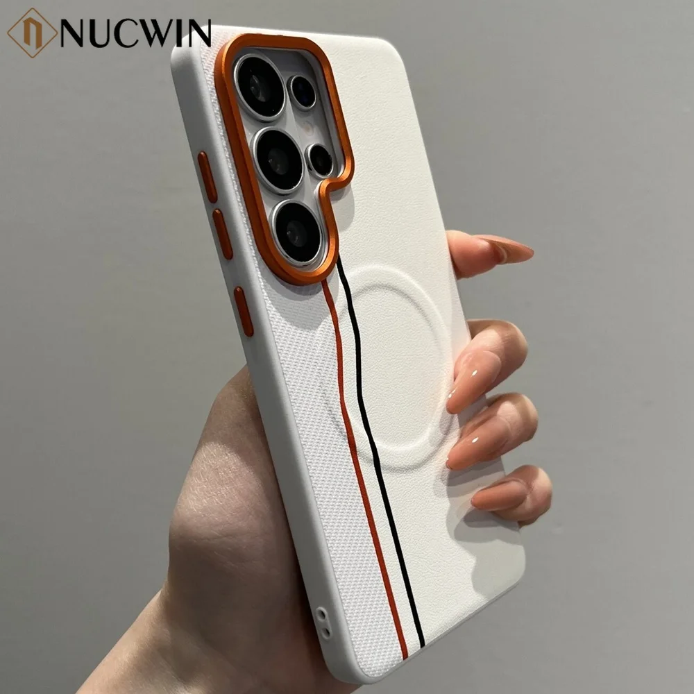 Luxury Color-block Dual-Line Magnetic Phone Case for Samsung Galaxy S26 Ultra S25 Edge S25 S24 Ultra S26 Plus Lens Frame Cover