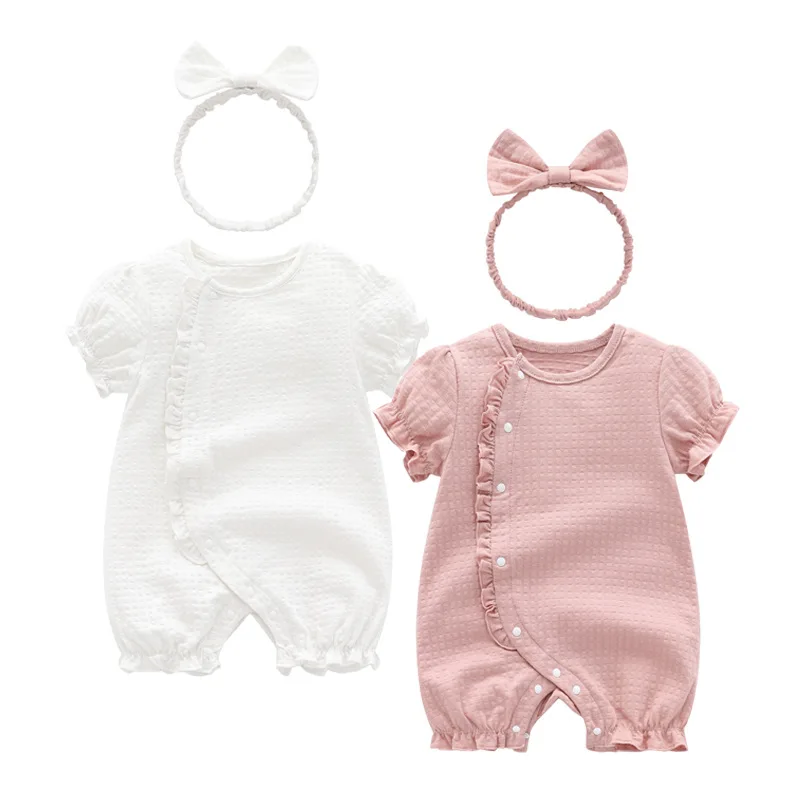 Ruffles Princess Cotton Newborn Baby Girl Rompers Summer Short Sleeve Jumpsuit Infant Girls Clothes Playsuit + Hats