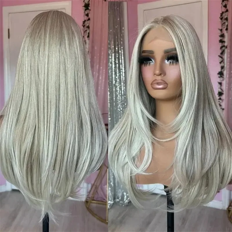 Layered Lace Wig Female Ombre Platinum Blonde with Ash Brown Roots Natural Straight Wig Synthetic Fibre Mixed 5% Human Hair Wig