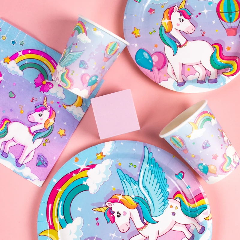 Arc-en-ciel licorne vaisselle jetable assiettes en papier serviettes vaisselle fille licorne thème fête d\'anniversaire bébé douche décorations