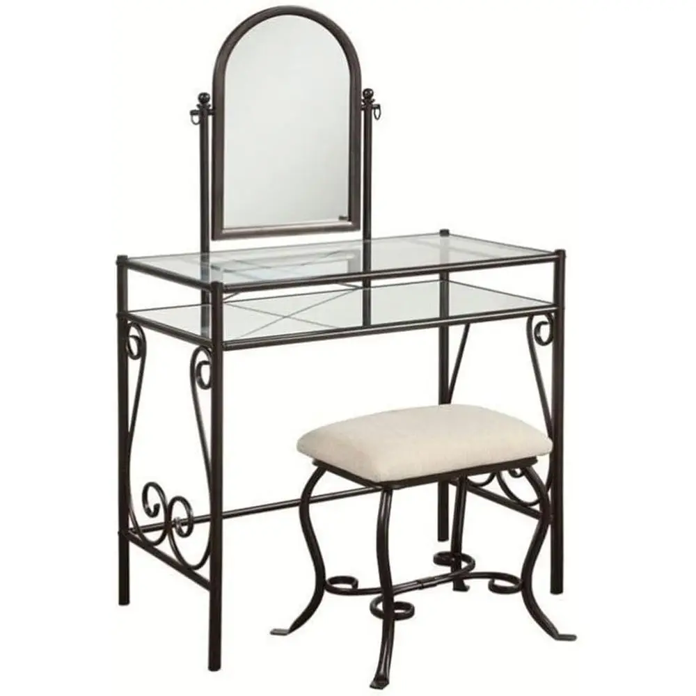 

Metal Vanity Set with Glass Top, Upholstered Stool, and Decorative Base for Bedroom or Dressing Area