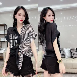 Korean Blouse Casual Graphic Women's T-shirt Summer Clothes Aesthetic Short Sleeve Pulover Fashion Midi Striped Tops Loose Shirt