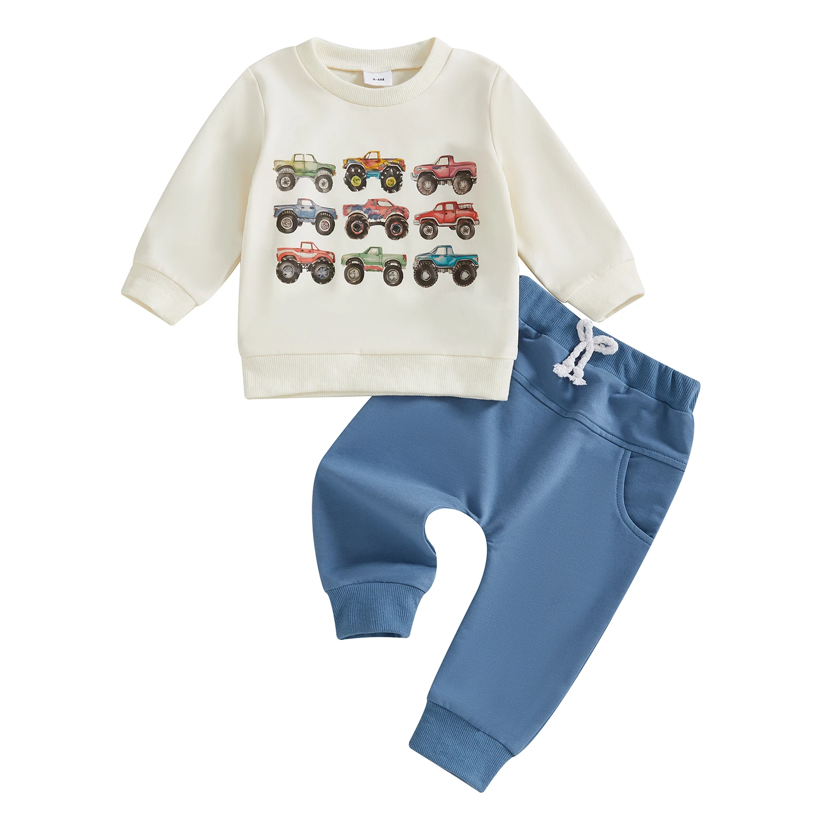 Toddler Boys Fall Outfits Retro Truck Print Long Sleeve Sweatshirts and Long Pants 2Pcs Clothes Set 0-4t