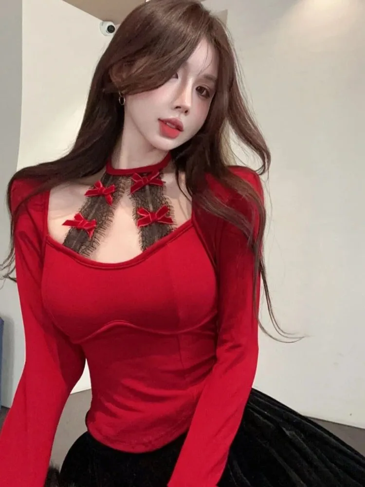 Damen-Spitzen-Langarm-Top, Herbst-Winter, schmale Passform, Weihnachten, rote kurze Bluse, elegantes, lässiges T-Shirt für tägliche Urlaubs-Outfits ​