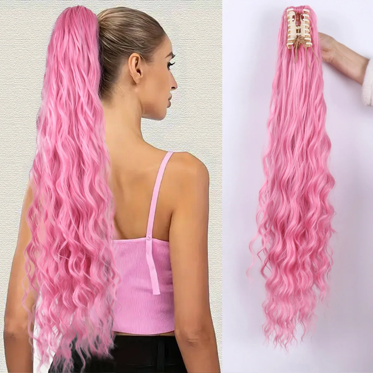 Women's long hair pink ponytail European and American long curly hair clip synthetic fiber wig high ponytail