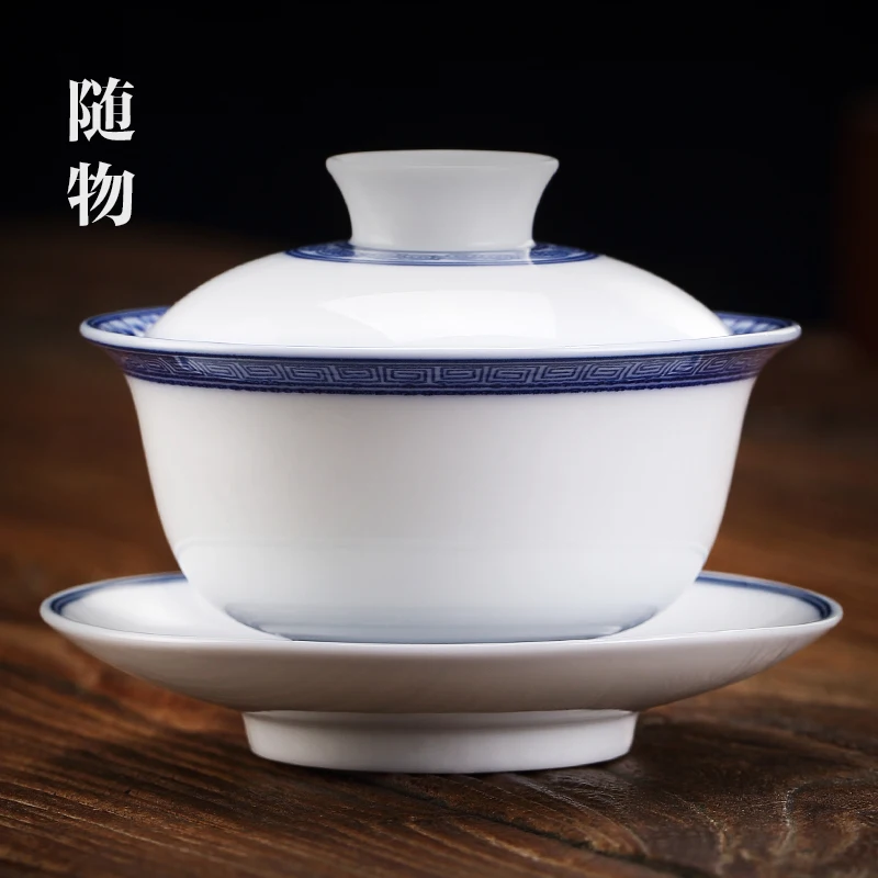 

Xuanwen Blue And White Cover Jingdezhen Ceramic Large Single Sancai Kung Fu Bowl Non Hot Cup Tea Set