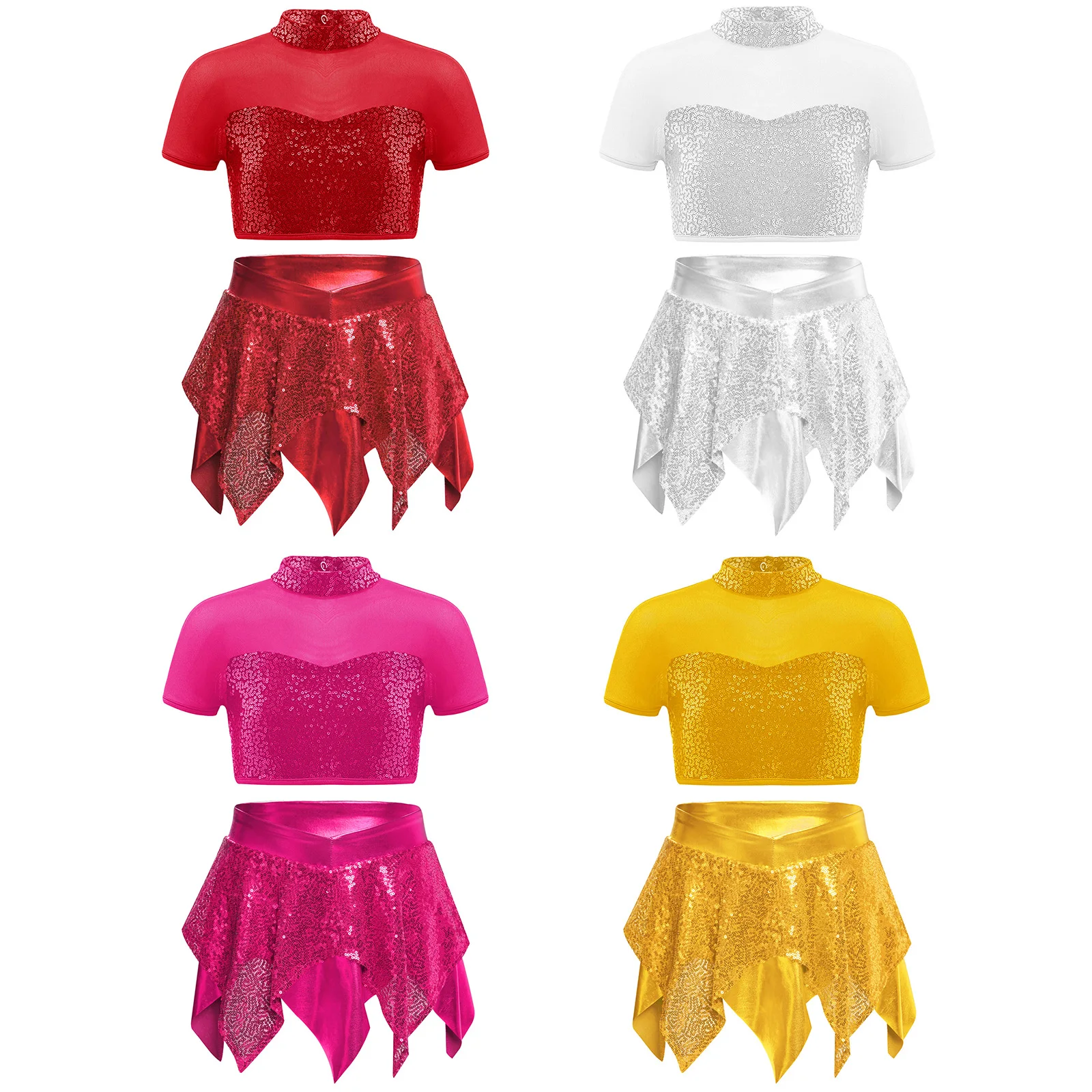 

Trendy Shiny Sequins Jazz Dance Outfit for Kids Girls Built-in Briefs Asymmetrical Skirt with Mock Neck Crop Top Dancing Wear
