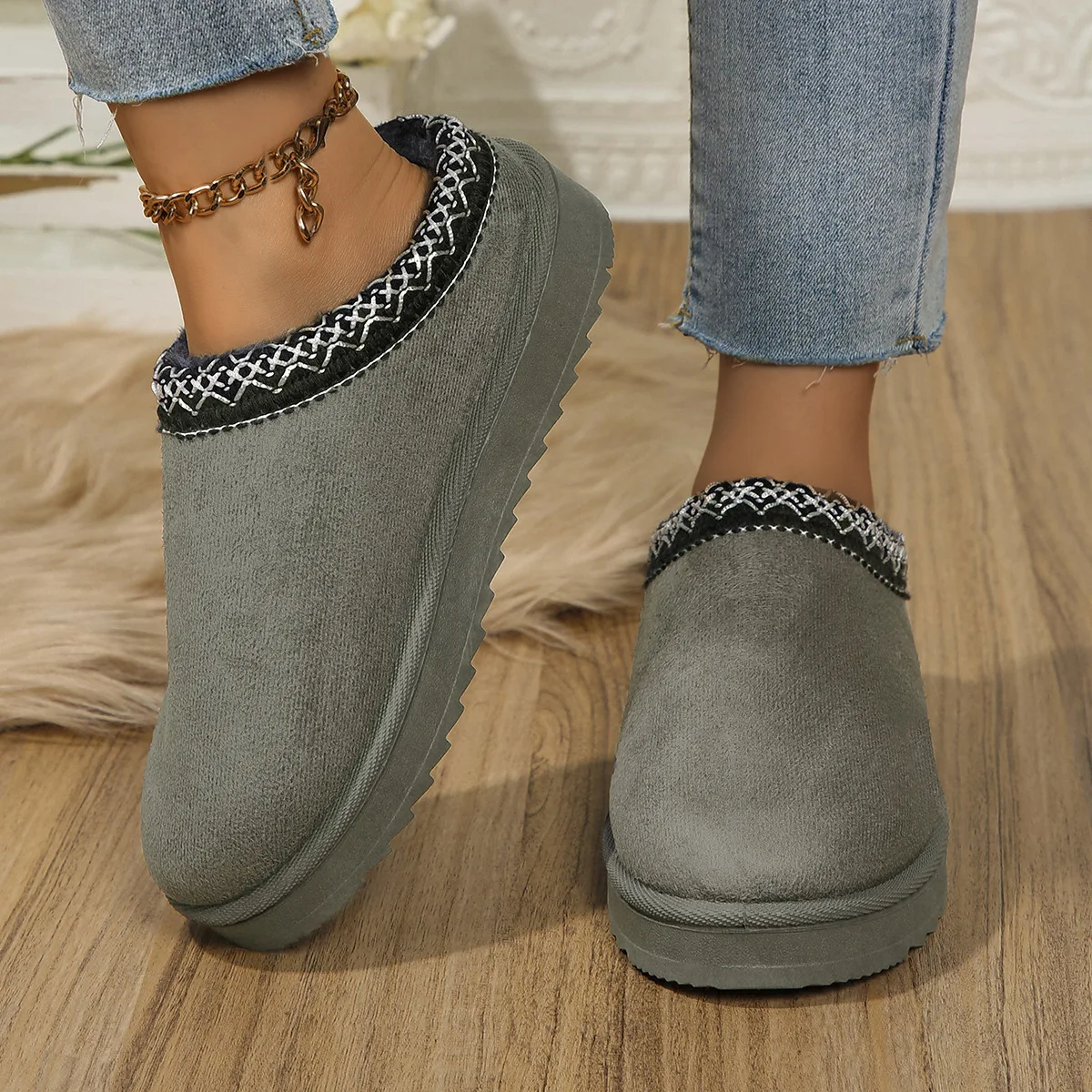 الدانتيل العرقية موضة أحذية الثلوج حجم كبير سميكة القطن التمهيد الدافئة عدم الانزلاق فروي الشتاء الأحذية في الهواء الطلق دافئ أفخم الأحذية #4