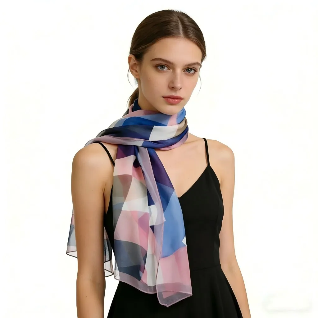 Geometric Print Chiffon Georgette Scarf - Lightweight Summer Shawl for Women, Silky Soft Beach Wrap & Fashion Foulard