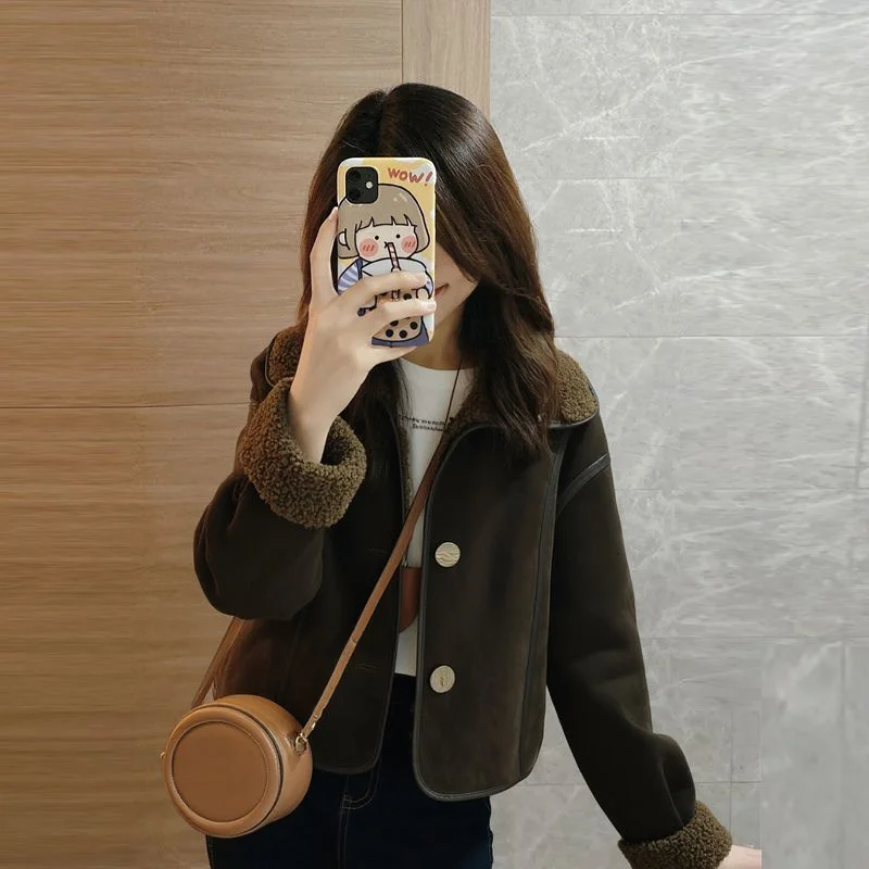 2026 New Fur Coat Women's Clothing Coffee Colored Collar with Fur Integrated Thickened Short Lamb Fur Jacket Winter Jacket Tops