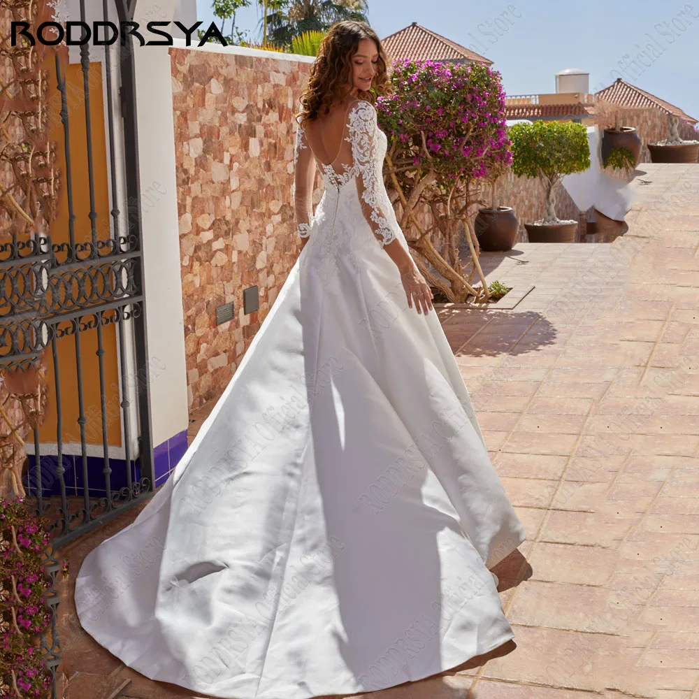 Roddrsya retro vestido de novia de 3 / 4 mangas 2024 vestido de novia femeninoRODDRSYA-vestido de novia Vintage de satén con Espalda descubierta, traje de novia de línea a con apliques, mangas 3/4, hecho a medida, 2024