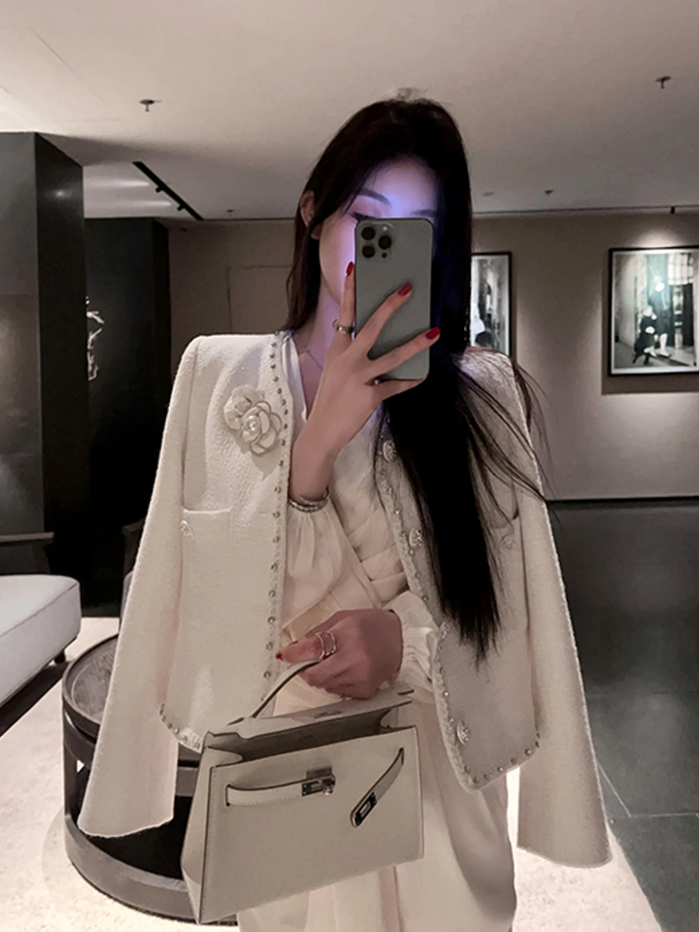 

Женское шерстяное пальто FFmiss French Sle с круглым вырезом, украшенное стразами, с яркими вставками и длинными рукавами