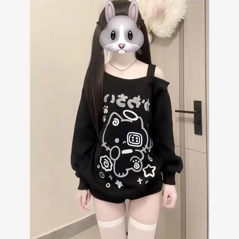 Loose Long Sleeve  Design Shoulder Bared T Shirt Women's Spring Summer Fashionable Casual Top Japanese Subculture Style