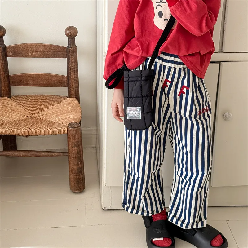 

2025 Spring New Children Loose Trousers Cotton Boys Striped Harem Pants Letter Embroidery Girls Casual Pants Kids Clothes