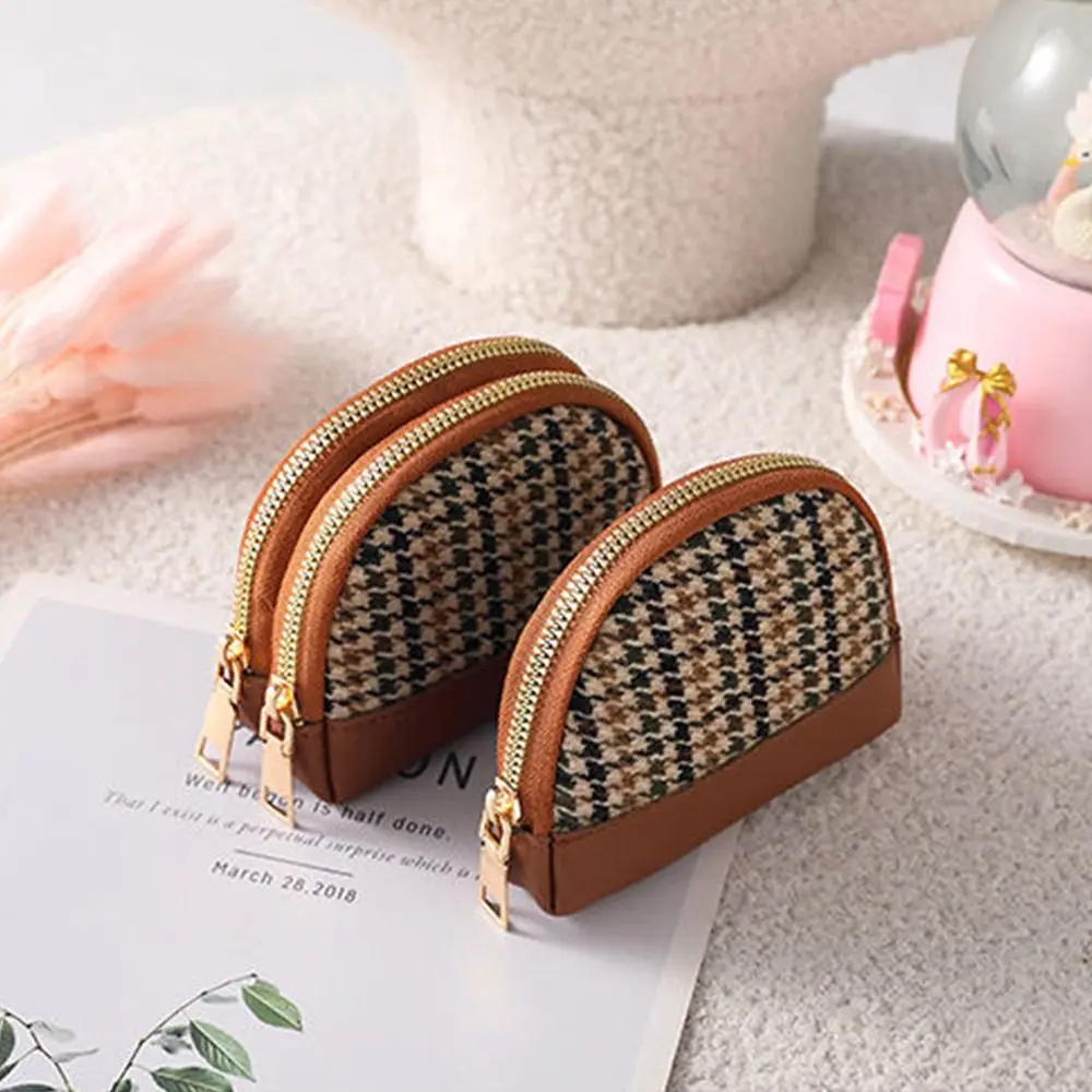 Elegant Fashion Houndstooth Coin Purse for Women Double Layers Zipper Canvas Mini Leather Wallet Card Holders