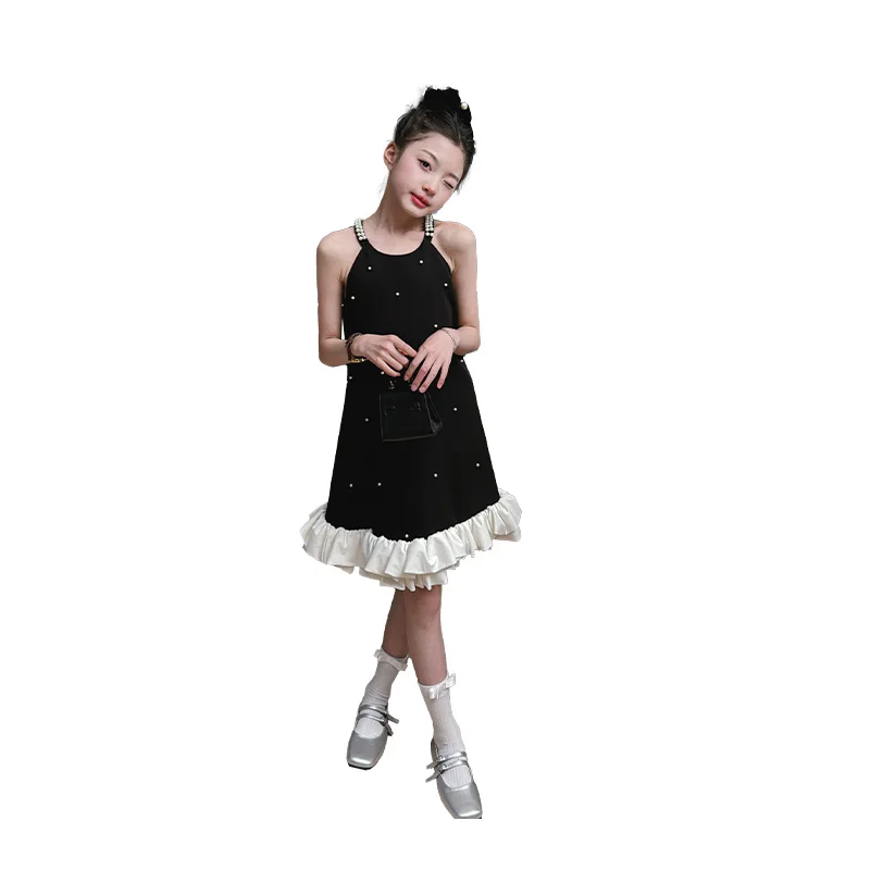 kids design clothes girls prom dresses 2024 summer black Handmade sewn beads Lotus leaf hem vestido infantil menina 10 a 12 anos