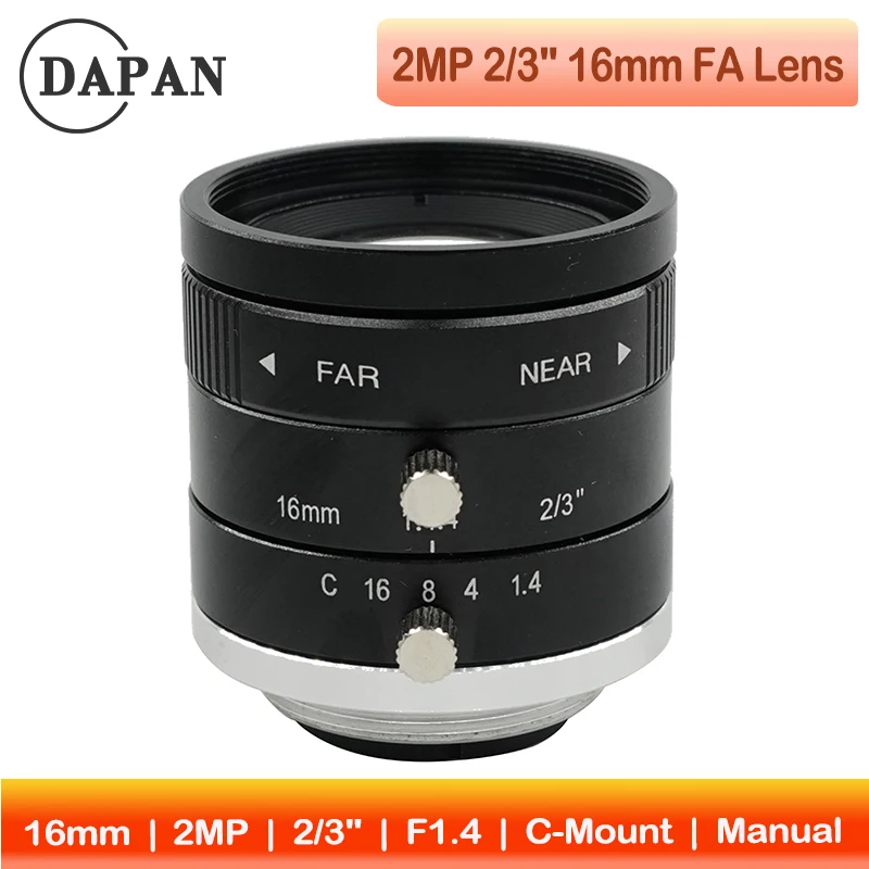 Low Distortion 16mm C-Mount Industrial Lens, F1.4 Fixed Focus, Ideal for Barcode Scanning, Robotics & Quality Control Cameras