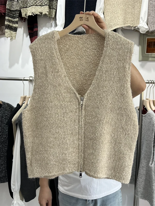 

Loose Fit V-Ne Knitted Open Cardigan Tank Top Women's Korean Sle Slimming Svel Zipper Casual Sweater Vest Trendy