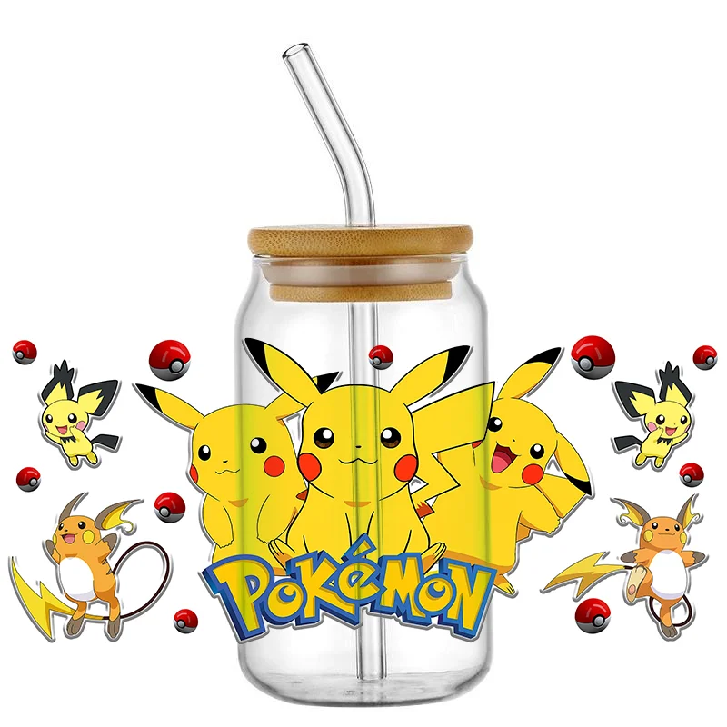 Miniso Mixed Cartoon Designs Pokemon Pikachu Printed 3D UV DTF Transfers Japanese animation Stickers 16oz Cup Wrap For DIY Glass