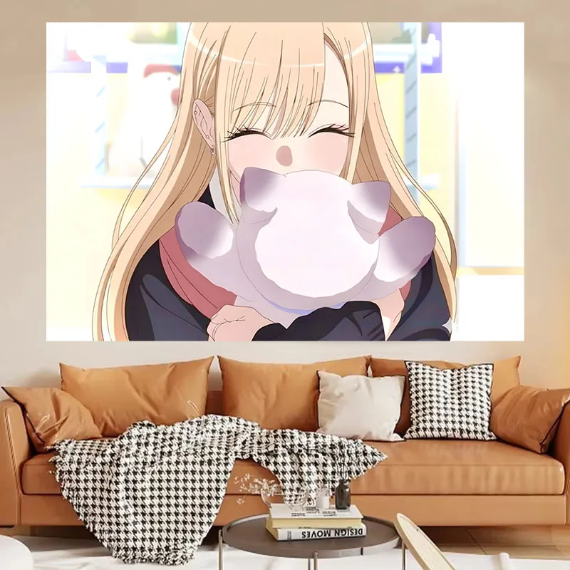 Cute Blonde Anime Girl Tapestry Closed Eyes Hug Pink Cat  apestry Aesthetic Teen Dorm Bedroom Background Cloth Japanese Manga