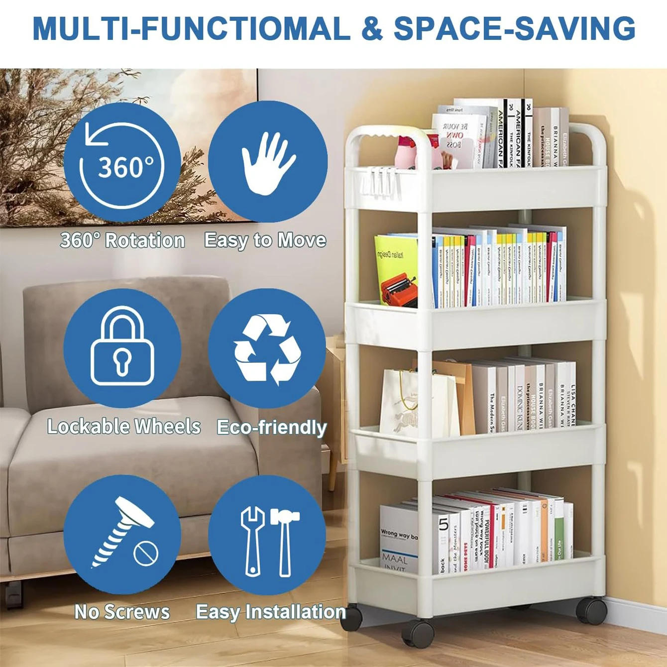 4-Tier Rolling Storage Cart w/Wheels - Mobile Organizer for Kitchen, Bathroom, Office - Sturdy Handle & Multi-Use Space