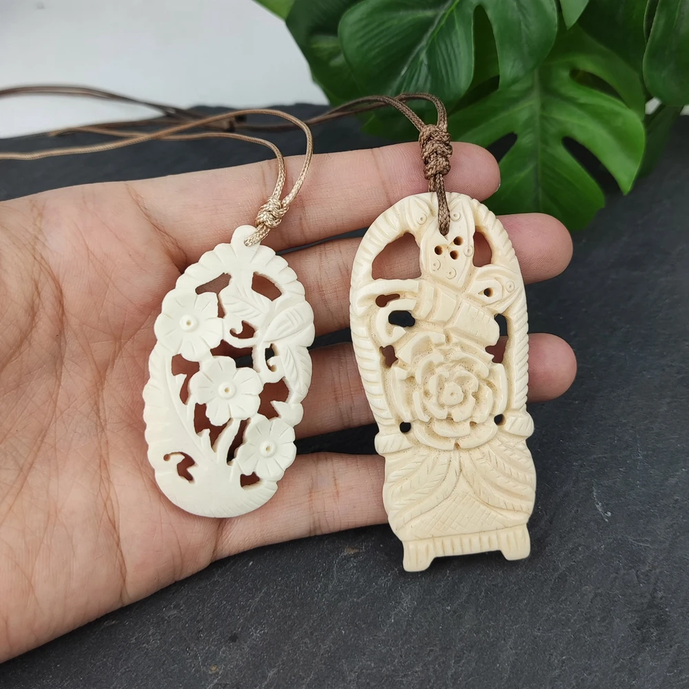 Hand Craft Natural Yak Bone Carving Flower Basket With Butterfly Pendant Unique Tibetan Ornament Gifts Rope Necklace for Unisex