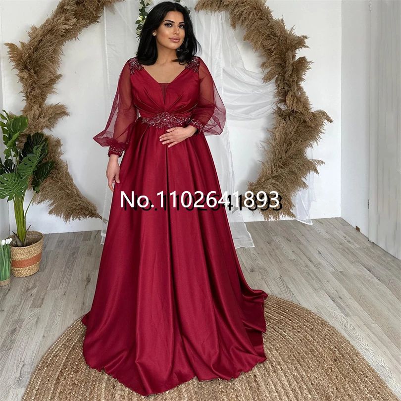 Nersesyan Red V Neck Elegant Evening Dress Tulle Puff Long Sleeves Formal Party Dresses Glitter Satin Pleated Prom Gowns 2023