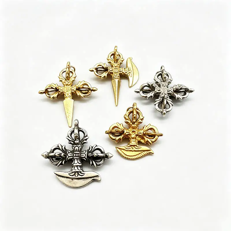 Tibet Mini Amulets Collection Brass Golden Cross Vajra Charms TBP188
