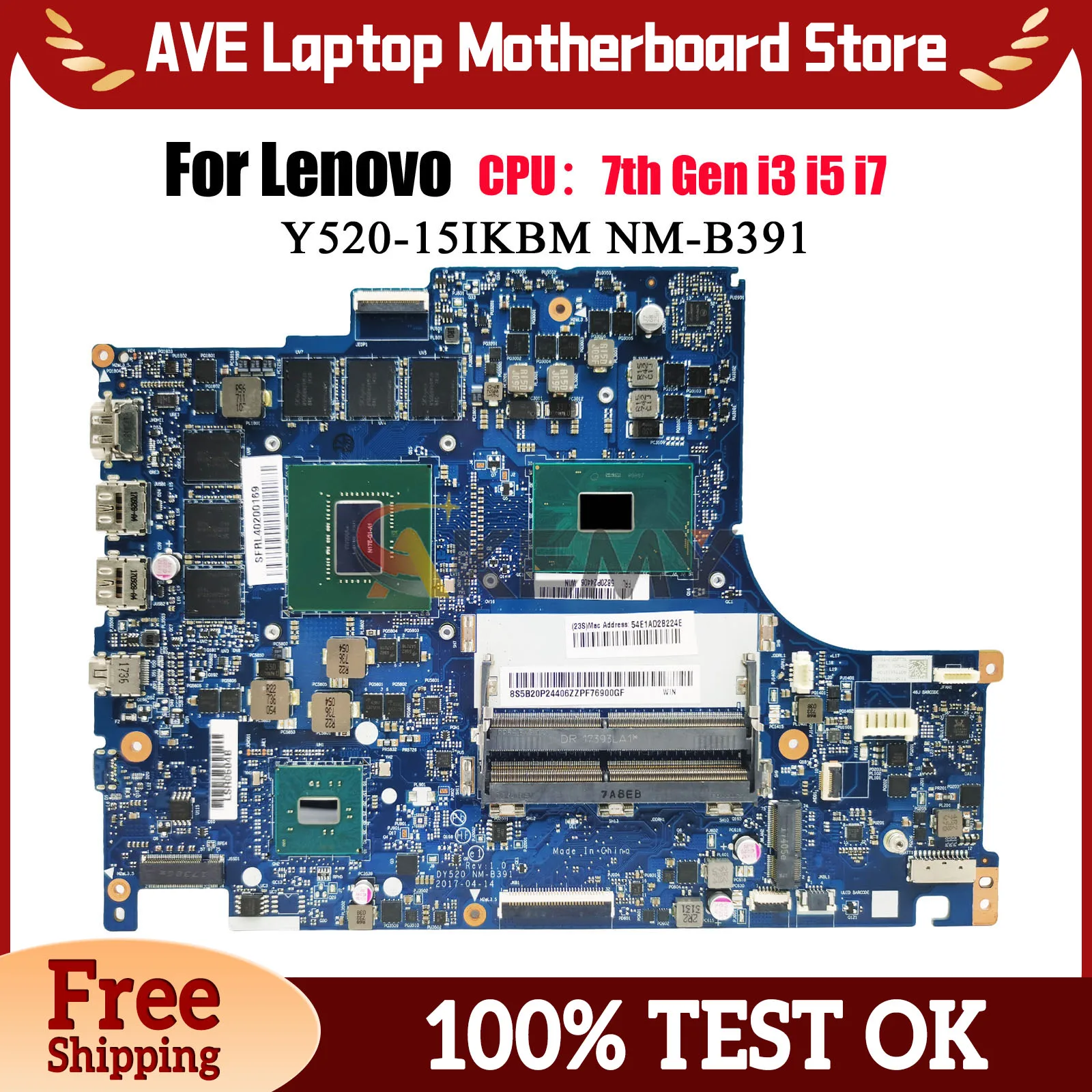 

NM-B391 For Lenovo Legion Y520-15IKBM Laptop Motherboard with i5 i7 CPU GTX1060 3G/6G GPU 100% Fully Tested