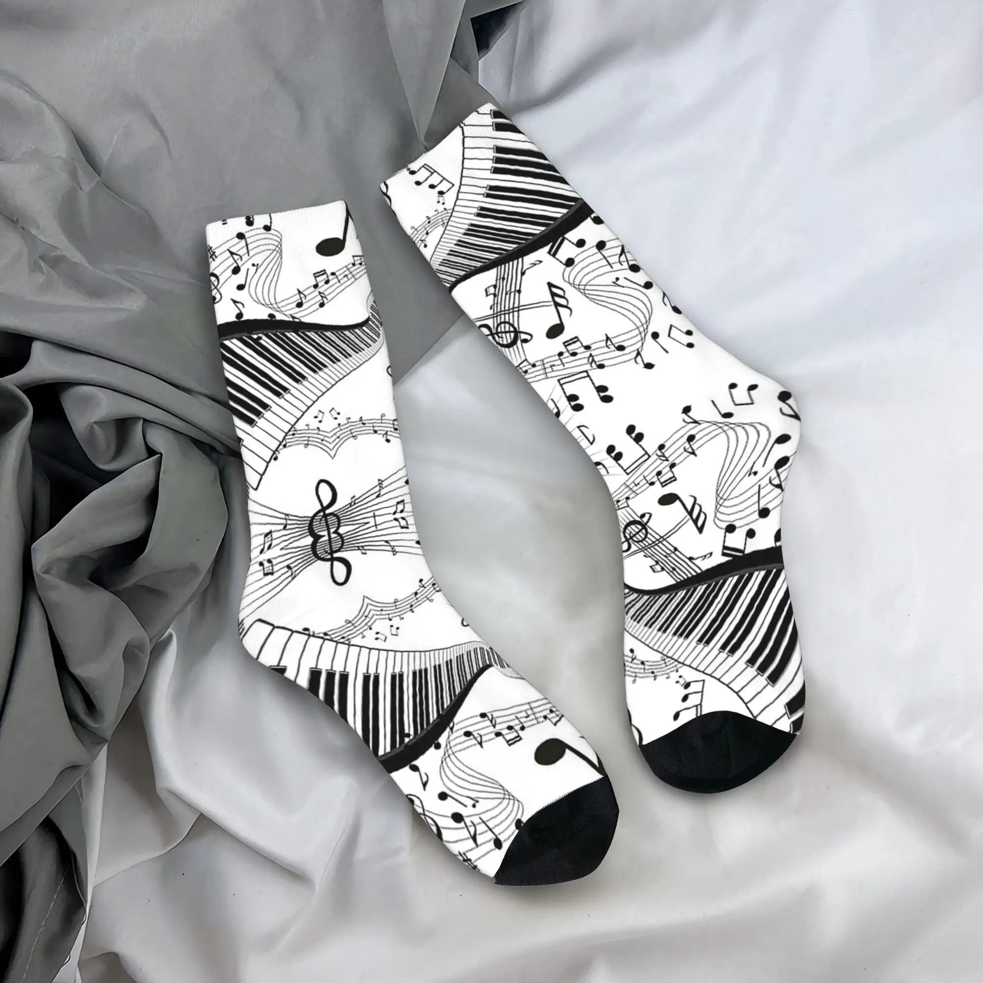 Tasti di pianoforte astratti per tutte le stagioni con note musicali Calzini Harajuku Calze di alta qualità Calzini per uomo Donna Compleanno Psent