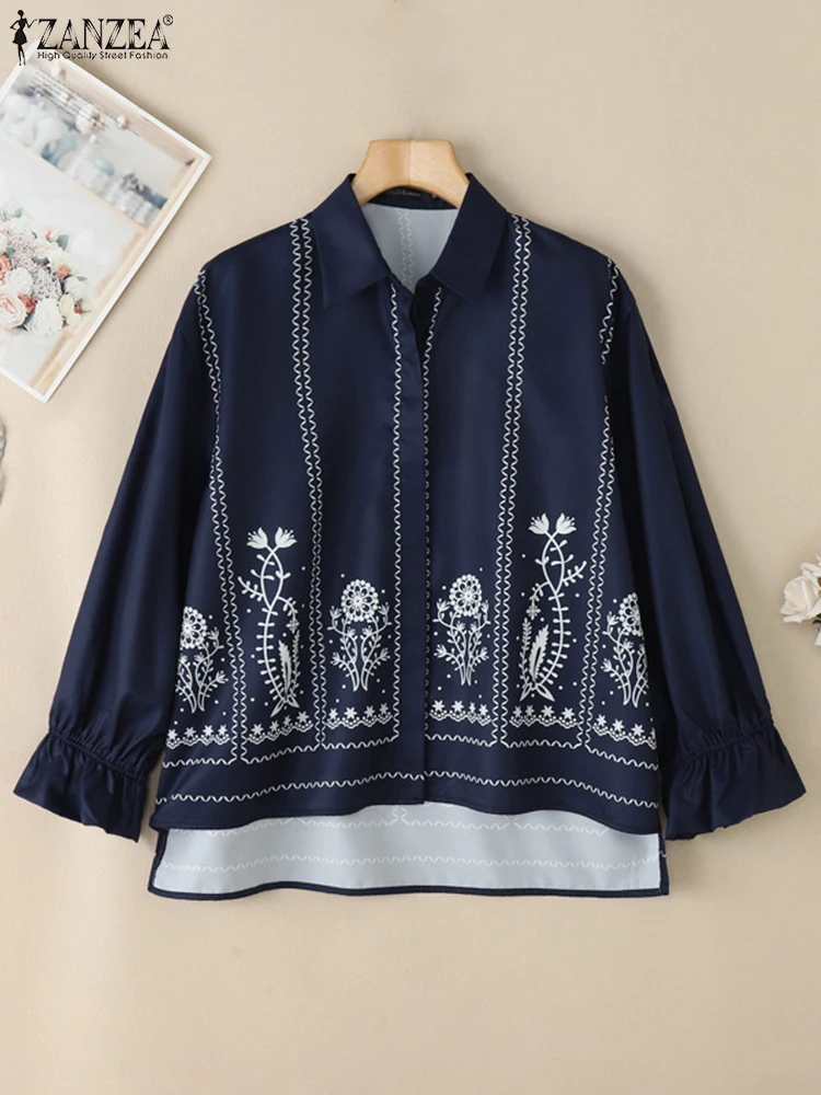 

ZANZEA Modest Vintage Ethnic Floral Print Shirts Muslim Fashion Long Sleeve High-Low Chemise Islamic Hijabis Collared Tops