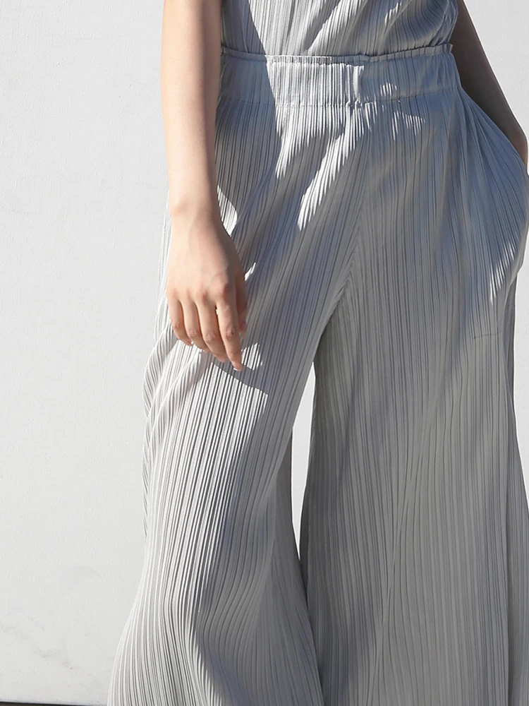 GVUW Pleated Wide Leg Pants Women Elastic Waist Loose Pockets New 2024 Fashion Female Casual Solid Color Trousers 17G8014