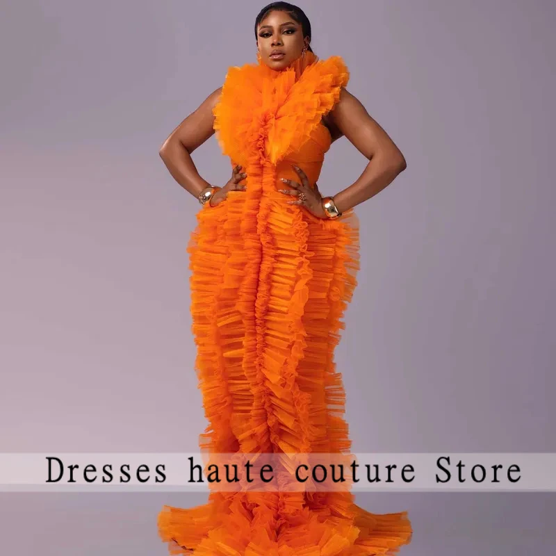 

Stunning Orange Ruffle Tulle Evening Dresses 2026 New Pleated Tiered Formal Prom Gown Party Dress for Photoshoot Red Carpet Gown