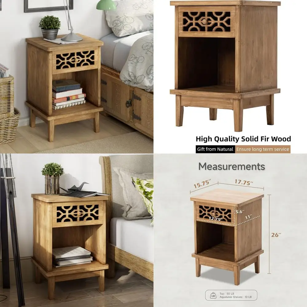 

Тумбочка из ели ручной работы с резной передней и открытой полкой для деревенских, странных, фермерских видов