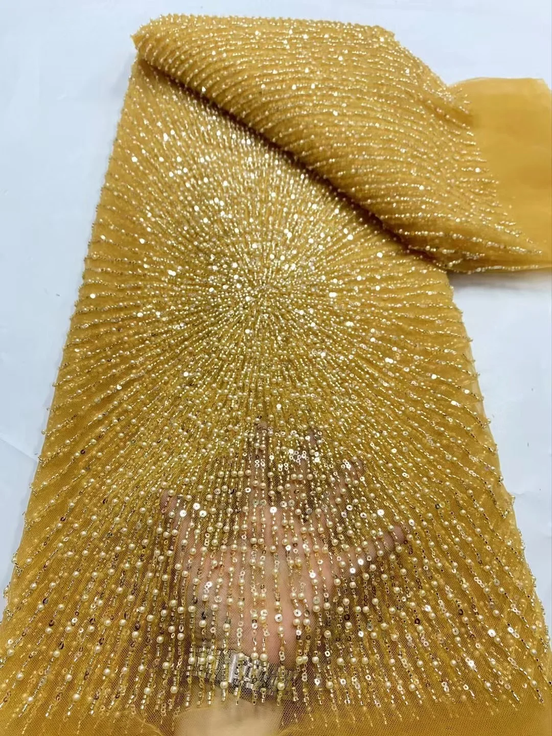 

Gold Luxury African Tulle Laces Latest Handmade Beads Lace Fabric High Quality Nigerian Tulle Net Lace Embroidery Bride Lace
