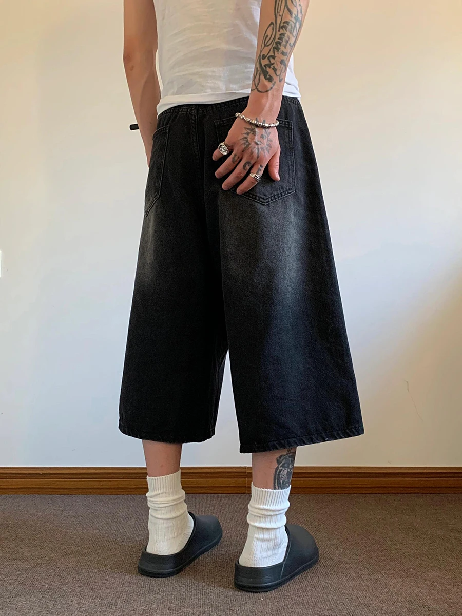 REDDACHiC 90s Retro Black Brushed Denim Shorts Men Washed Whiksers Low Rise Frayed Loose Wide Leg Baggy Jorts Y2k Korean Clothes