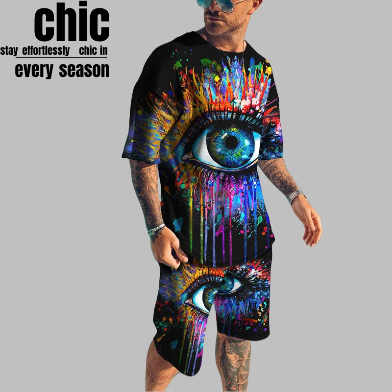 

2025 Summer Best-selling Fashion Abstract Printing Men's Short-sleeved Suit Casual Comfortable Simple Trend Street Sports Suit