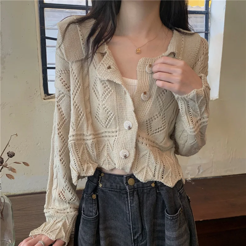 

Hsa 2023 Women Hollow Out Lapel Slim Lazy Tops Autumn Winter Ladies Button Up Long Sleeve Vintage Knit Cardigan Sweater Jacket