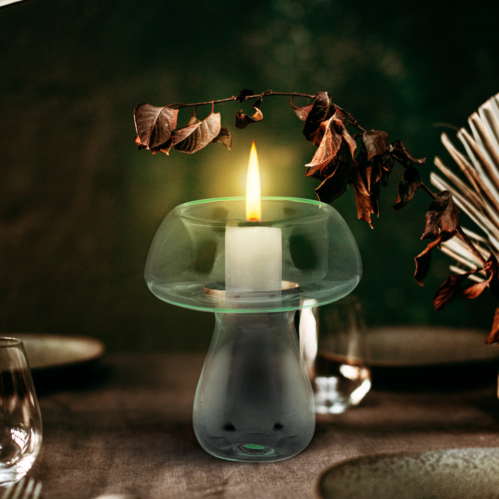 

Decoration Mushroom-shaped Rack Stand for Home Candlestick Light Green Glass Holder Table