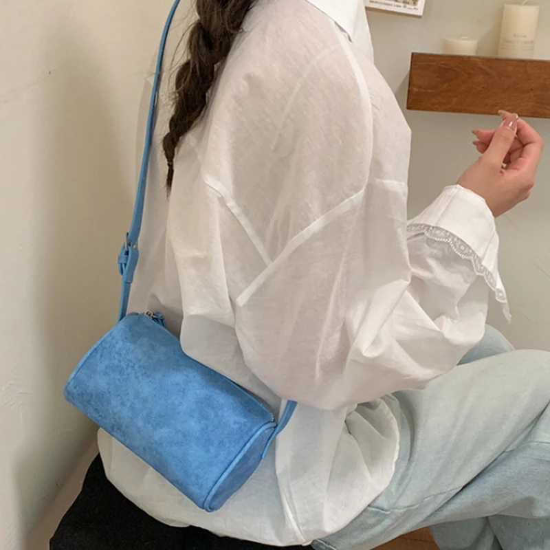 Fashion Candy Color Boston Bowling Bag Cylindrical Shape Shoulder Bag Suede Leather Women Handbag Simple Versatile Pillow Bags