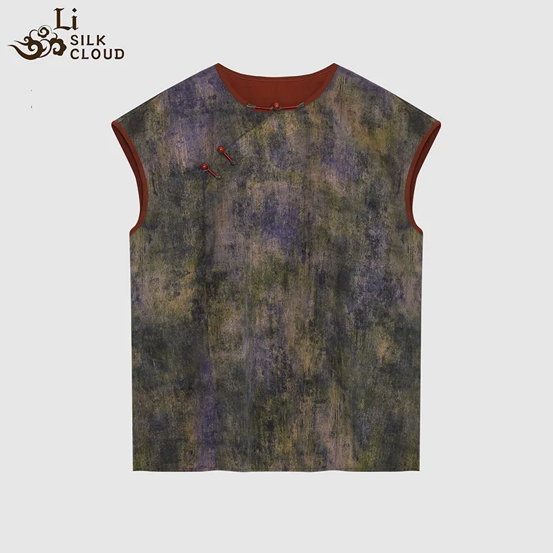 

LI SILK CLOUD xiangyunsha Stand-Collar Short Sleeve Top Ancient Style Oriental Patterns Guangdong Black Pearl Guangdong Gauze