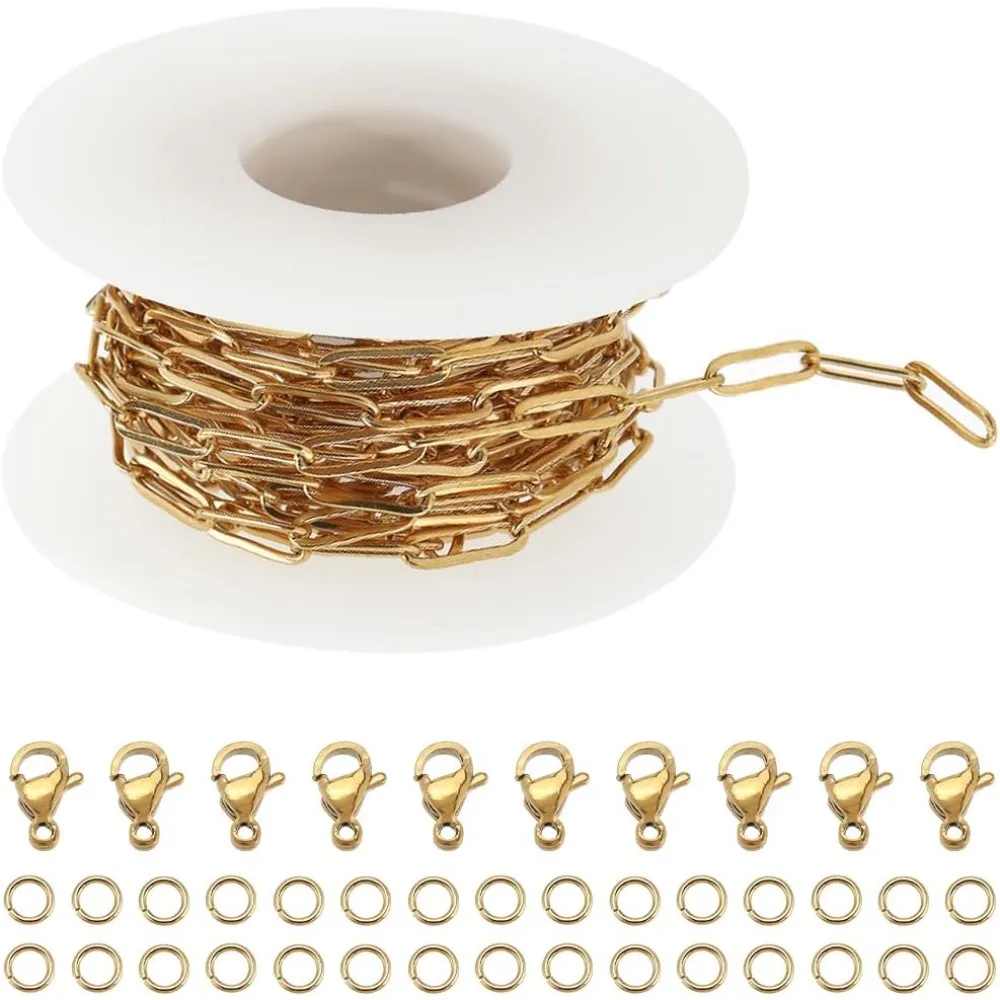 

1 Roll 16.4Feet/5m Stainless Steel Paperclip Chain Bulk 12x4mm Golden Paper Clip Chains Links Real 18K Gold Plated 10Pcs Lobster